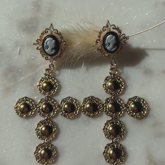 Regina Gold Cameo Statement Cross Earrings