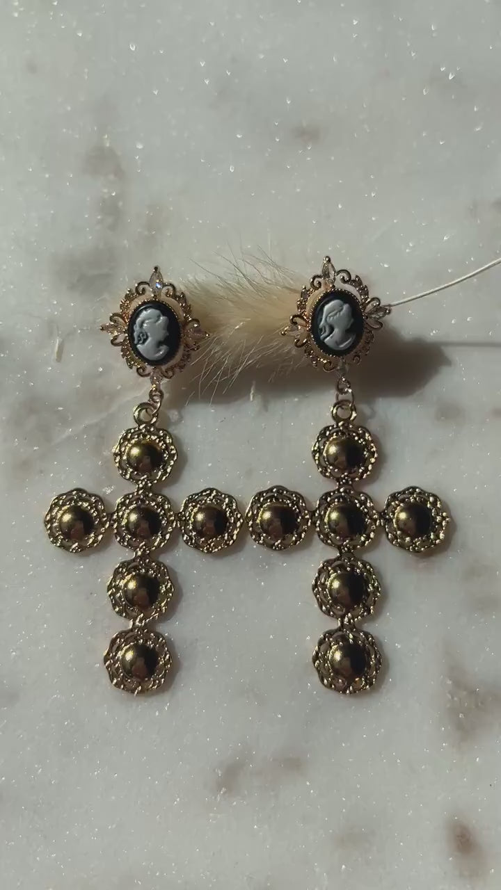 Regina Gold Cameo Statement Cross Earrings