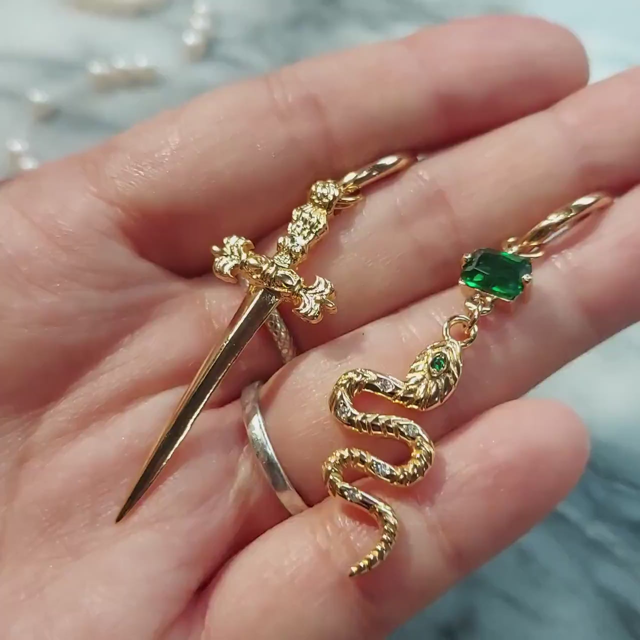 LOKI Green Snake and Dagger Hoop Mismatched Gold Earrings