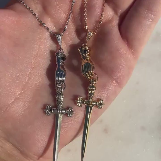 Gold/Silver Gauntlet Holding Gladius Sword Necklace