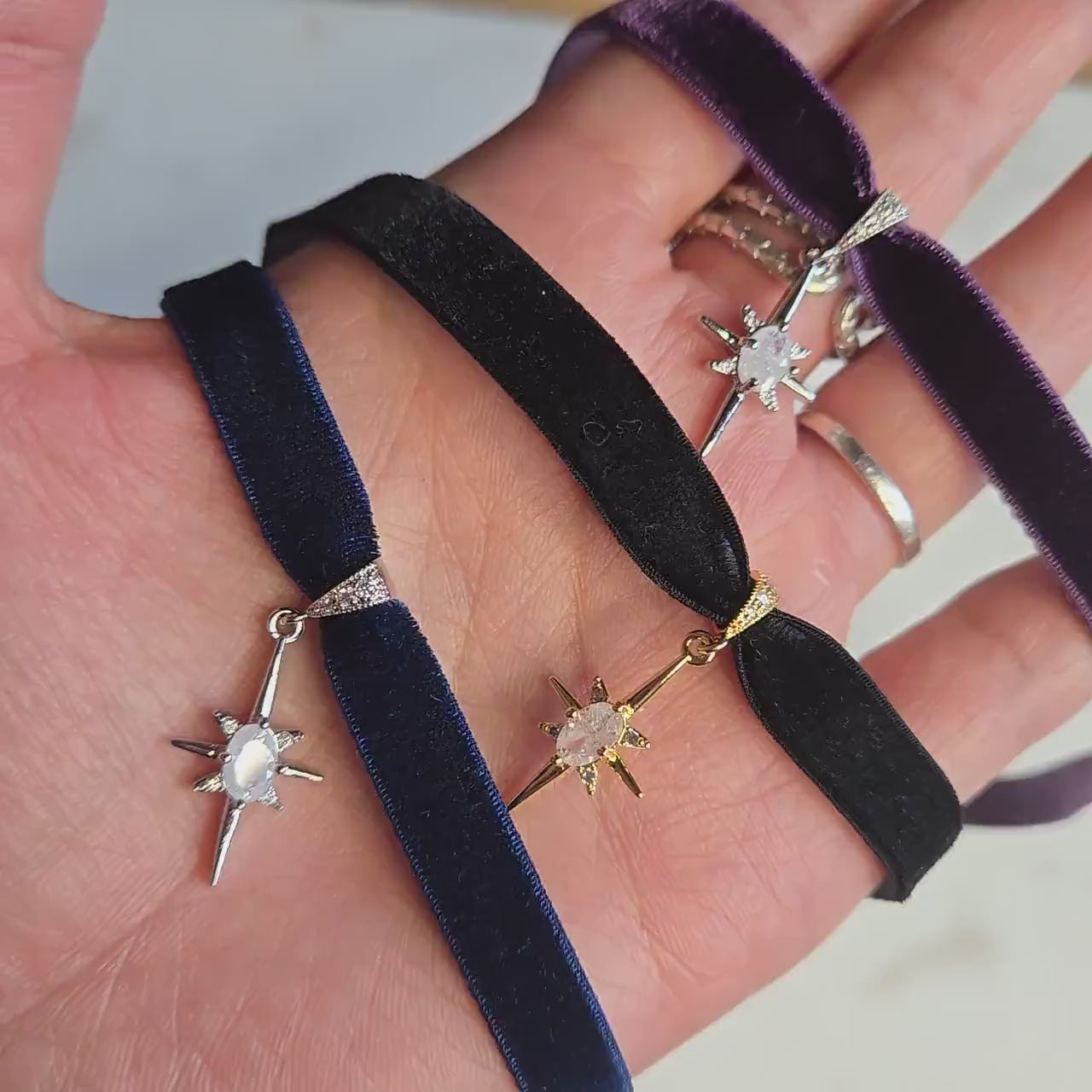 North Star Moonstone and Black / Deep Blue Stretch Velvet Choker/ Black