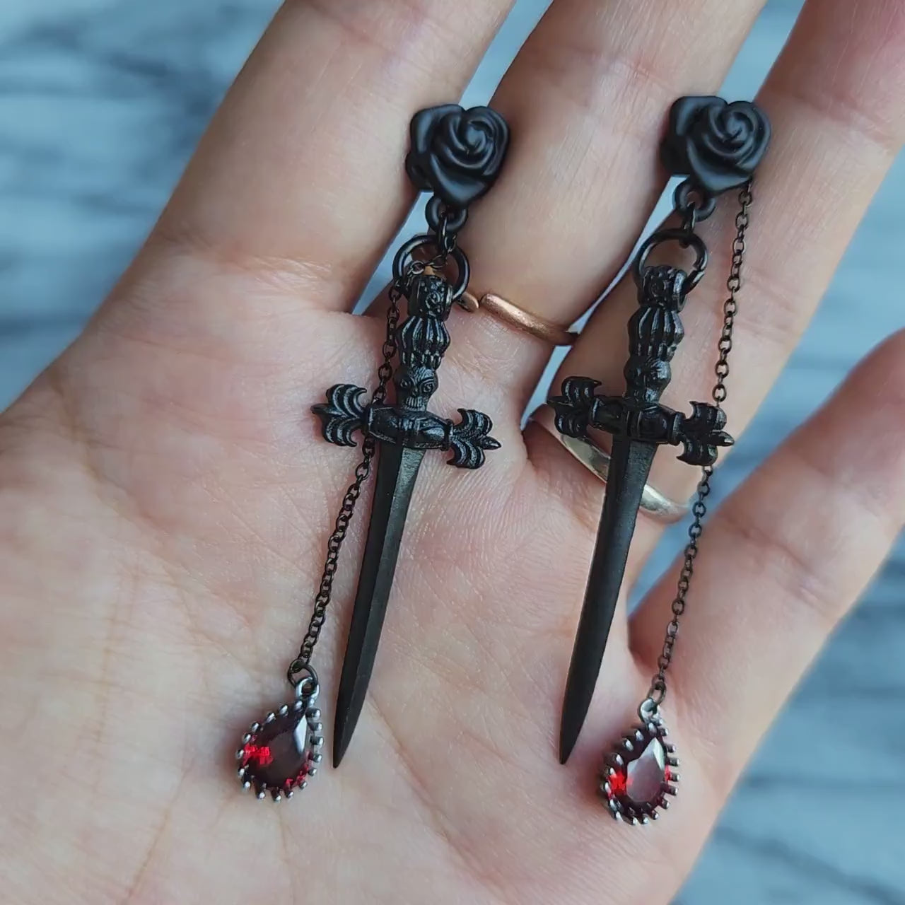 ROMEO Black Rose, Dagger and Blood Drop Earrings