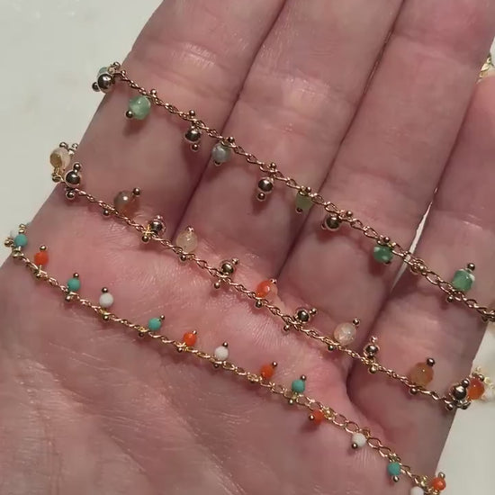 Gold Beaded Chain Choker in Green / Amber