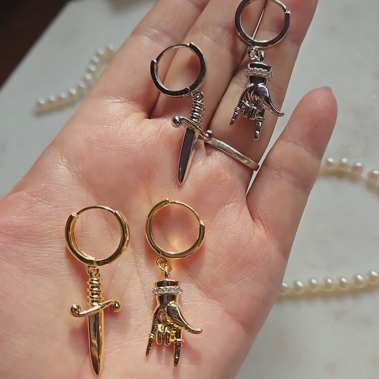MELANGE Hand and Dagger Mismatched Hoop Earrings