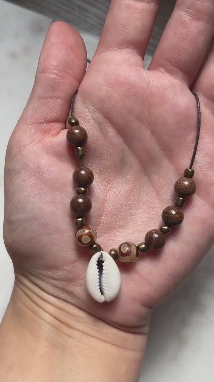 Cowrie Shell Beaded Waxed Cord Necklace