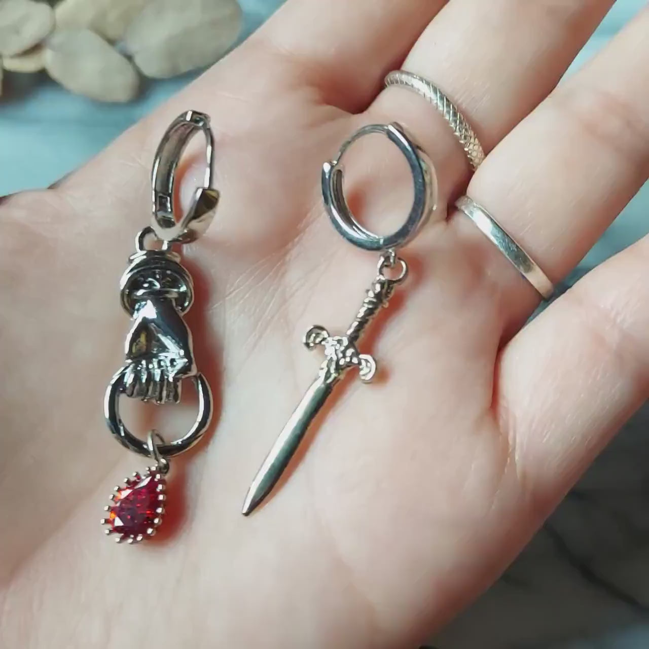 THE HAND Silver Sword and Teardrop Mismatched Huggie Earrings / Red Teardrop Earrings