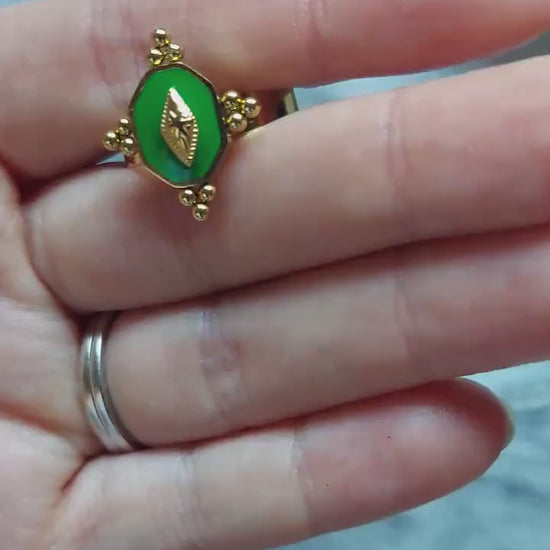 Gold and Green Enamel Adjustable Ring