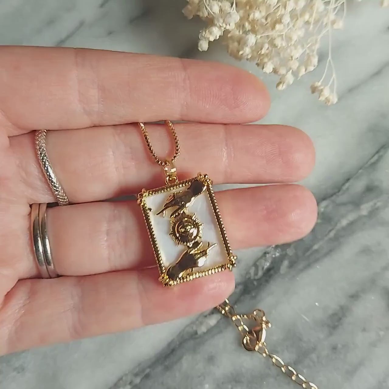 All seeing eye and Hands Frame necklace / Mother of Pearl Necklace