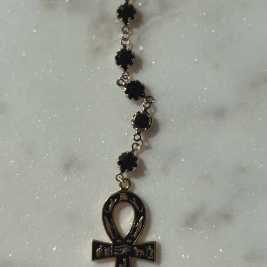 Gold and Black Crystal Ankh Rosary Necklace