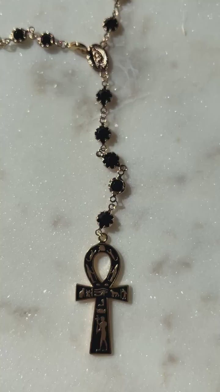 Gold and Black Crystal Ankh Rosary Necklace
