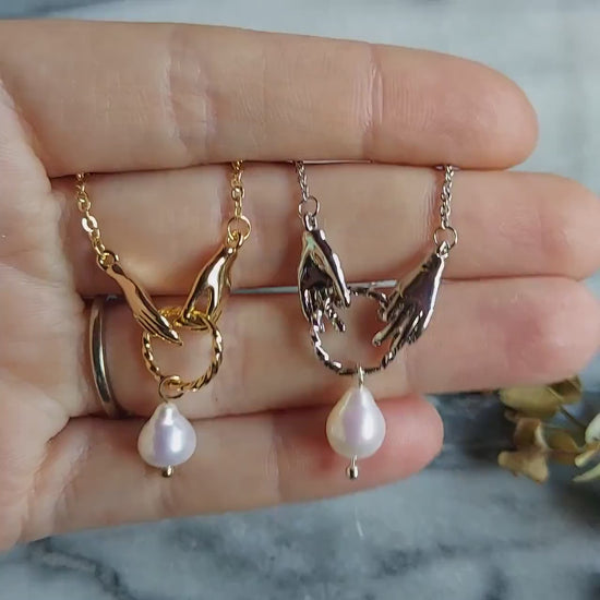 HAND-PICKED Teardrop Pearl and hands dainty necklace