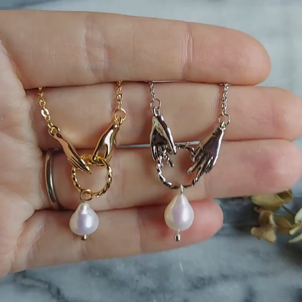 HAND-PICKED Teardrop Pearl and hands dainty necklace