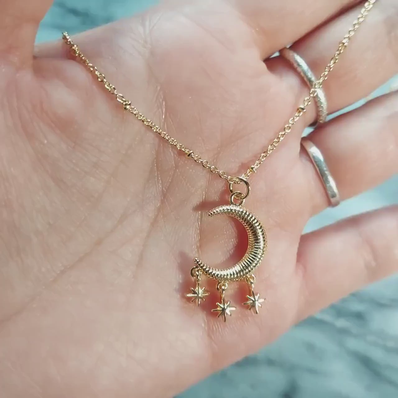 Moon and 3 Star Gold Necklace / Celestial Necklace