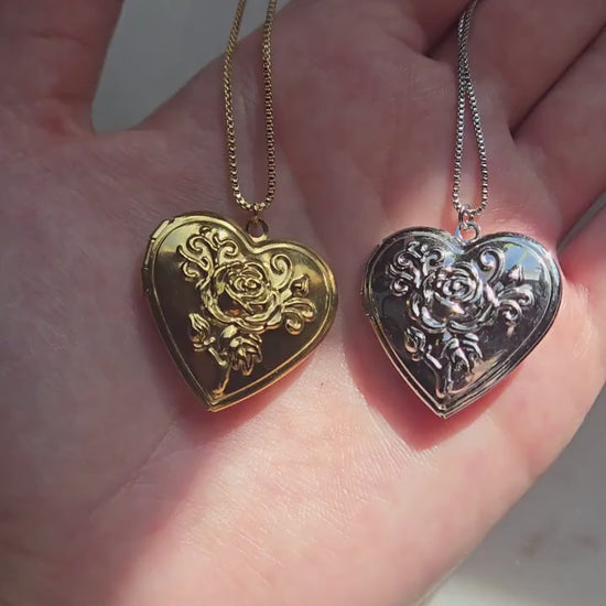 Antique Style Botanical Heart Locket Gold/Silver Necklace