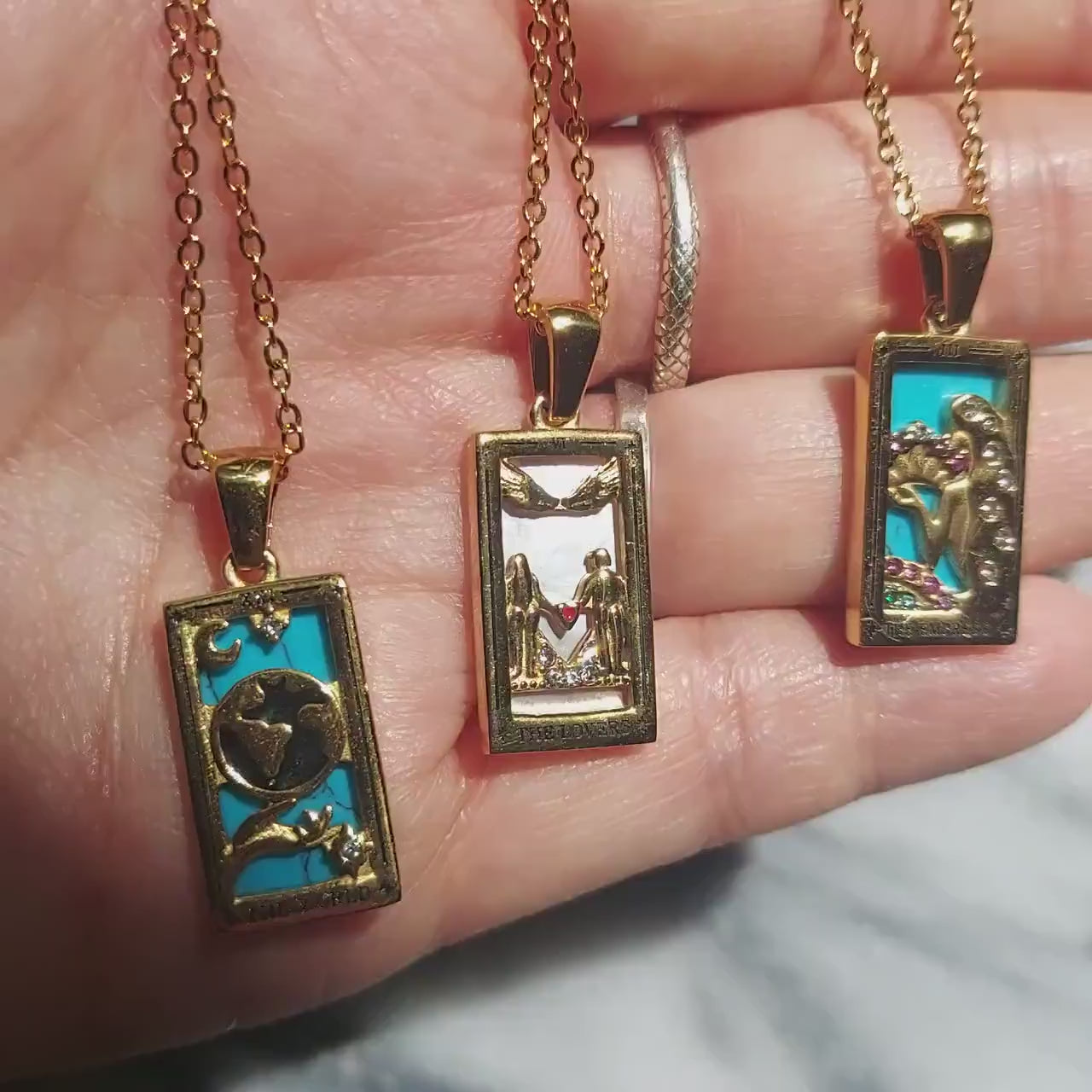 Gold Tarot Card Necklaces / Tarot Card Frame Necklaces / The Empress / The Lovers / The World
