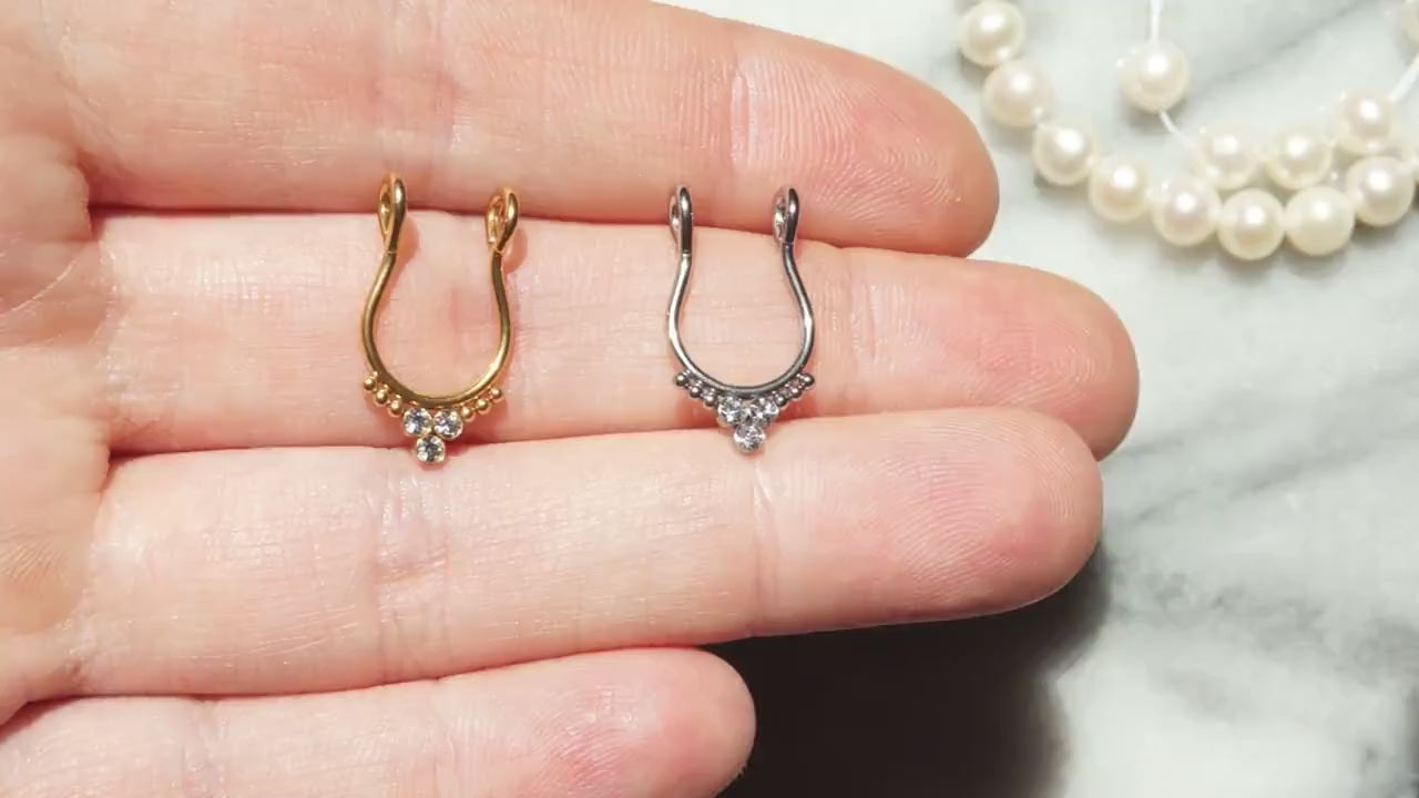 Triple Gem Septum Clip On Piercing / Teardrop Septum Clip On / Fake Piercing